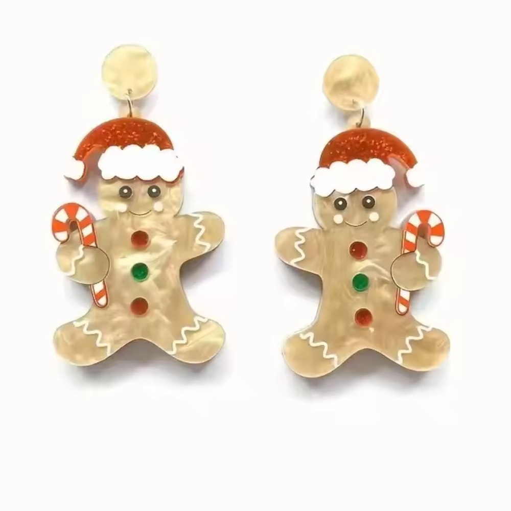 Gingerbread Man Christmas Acrylic Earrings | Candy Cane Holiday Dangle Jewelry - Picture 3 of 4